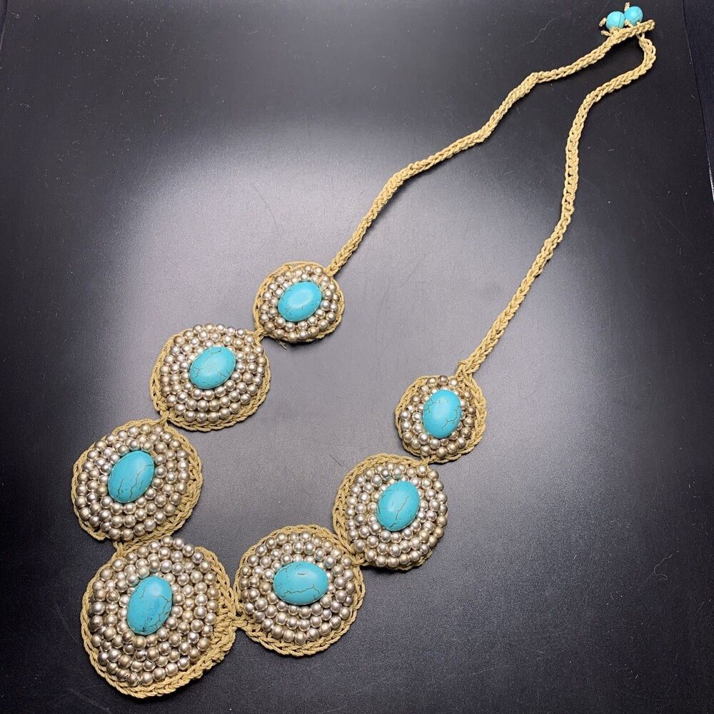 Chunky Macrame Faux Turquoise Necklace Long Boho Silver Tone Beaded Handmade